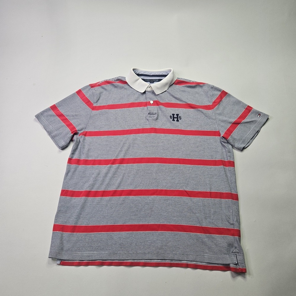 TOMMY HILFIGER Polo Shirt Mens XXL Classic Fit Striped Rugby Red Navy White_B4